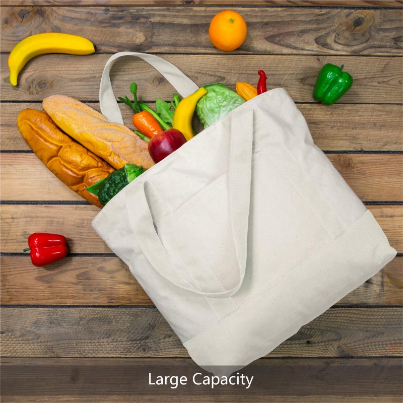TOPDesign 1-Pack Canvas Tote Bag with an External Pocket, Reusable Grocery Shopping Bag, Top Zipper Closure, Daily Essentials (Natural) - Image 3