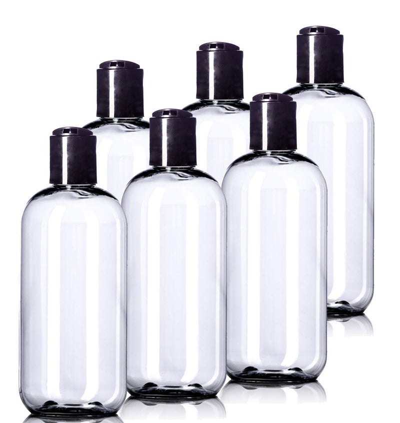 Aromine 8oz Plastic Bottles (6 Pack) BPA-Free Squeeze Clear Toiletries and Shampoo Containers with Disc Cap, Labels Included for Travel - Image 1
