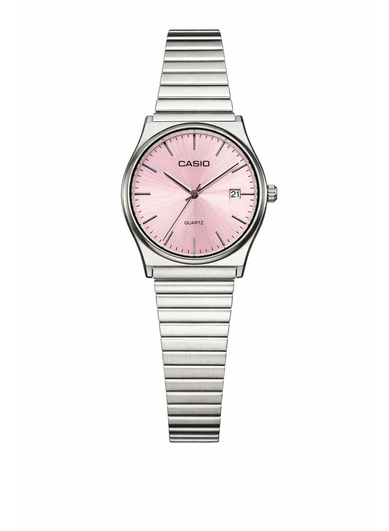 ساعة كاسيو كوارتز من الفولاذ المقاوم للصدأ - مينا وردي بنمط أشعة الشمس مع عرض التاريخ