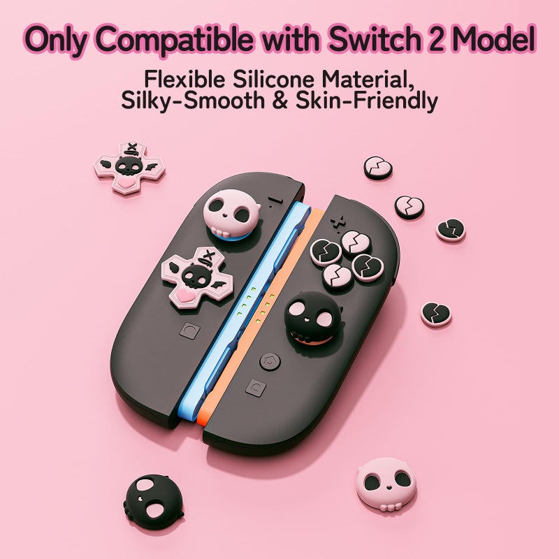 GeekShare Skull D-Pad Button Caps Silicone Thumb Grips Set, ABXY Key Buttons Sticker Joystick Cover Caps Compatible with Switch 2, Pink & Black - Image 2