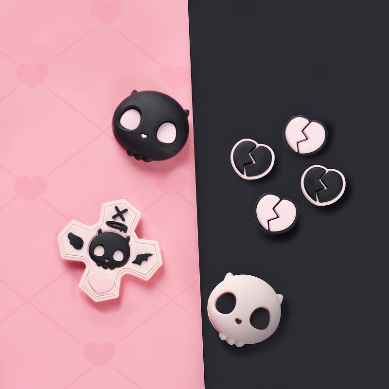 GeekShare Skull D-Pad Button Caps Silicone Thumb Grips Set, ABXY Key Buttons Sticker Joystick Cover Caps Compatible with Switch 2, Pink & Black - Image 4