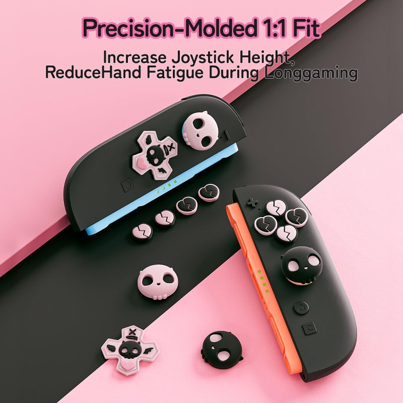 GeekShare Skull D-Pad Button Caps Silicone Thumb Grips Set, ABXY Key Buttons Sticker Joystick Cover Caps Compatible with Switch 2, Pink & Black - Image 3