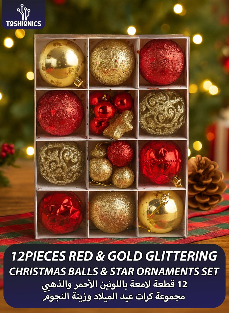 Toshionics 12 pieces Shiny Glittering Red and Gold Christmas Balls and Star Ornaments, Filigree-Patterned Shatterproof Christmas Balls Ornaments Set for Xmas Tree Christmas Tree Decorations Sets Hanging Baubles Ornaments Perfect for Christmas New Year Home Parties Decor Indoor and Outdoor Festival Celebrations - Image 1