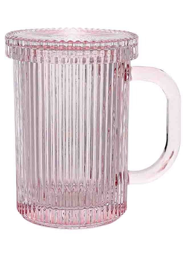 Pink Glass Coffee Mug Classic Vertical Stripes Tea Mug Elegant Coffee Cup with Glass Lid for Latte, Espresso Lovely Gift for Anniversary and Birthday 11 oz - Image 1