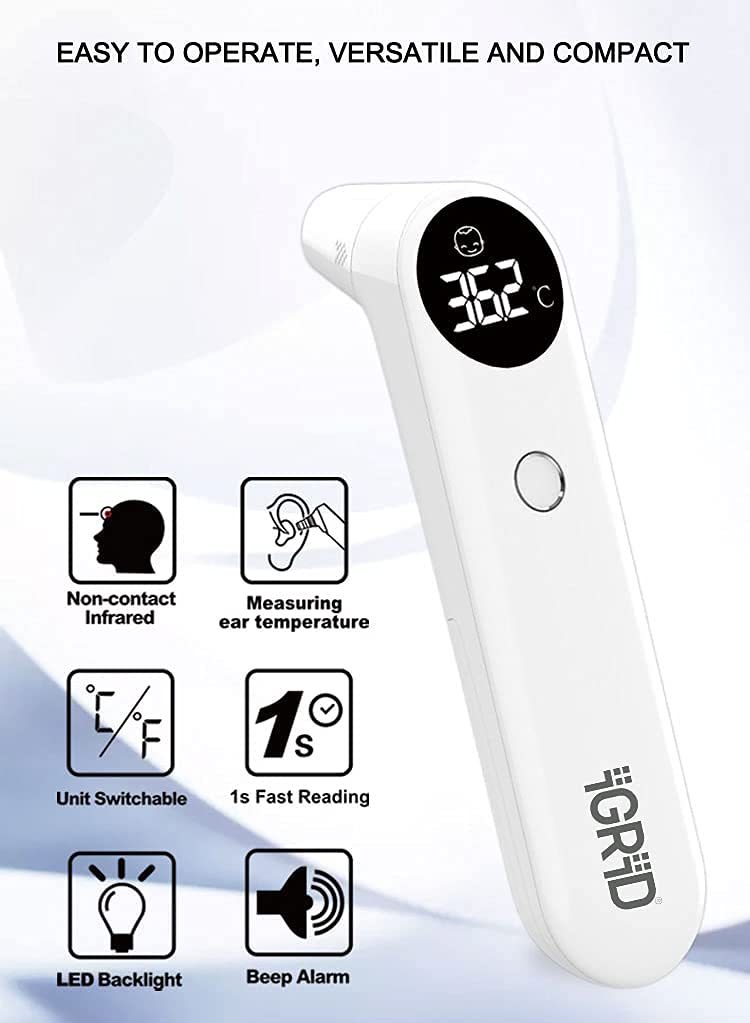 iGRiD Plastic Non-Contact Digital Infrared Forehead & Ear Thermometer For Babies and Adults, Fever Alarm - Image 2