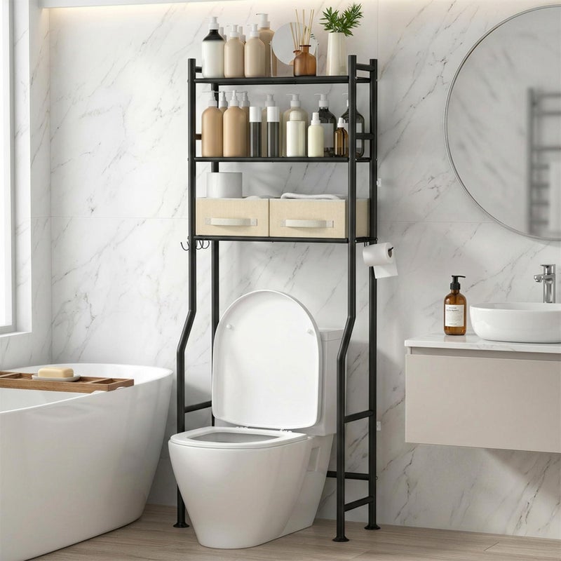 GloTika 3-Tier Over Toilet Storage with 2 Basket & Anti-Tilt System - 150lb Total Capacity Metal Bathroom Shelves Including Paper Holder & 4 Hooks, Space Saving Above Commode Organizer (64" H, Black) - Image 1
