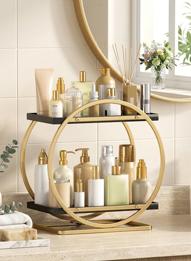 WALALLA 2-Tier Skincare Storage Makeup Cosmetics Organizer and Storage Perfume Organizer for Dresser Organizer Countertop 2 Tier Black Bathroom Skincare Organizers Makeup Storage Metal Cosmetic Organizer 27.6*15.3*28.6cm - Image 1