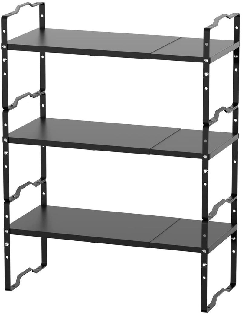 Jojocross Expandable Shelf for Cabinet Organizer Adjustable and Stackable Spice Rack at Kitchen and Bathroom More Counter Countertop Cupboard Organization Pantry StorageLARGE3PACKSBLACK