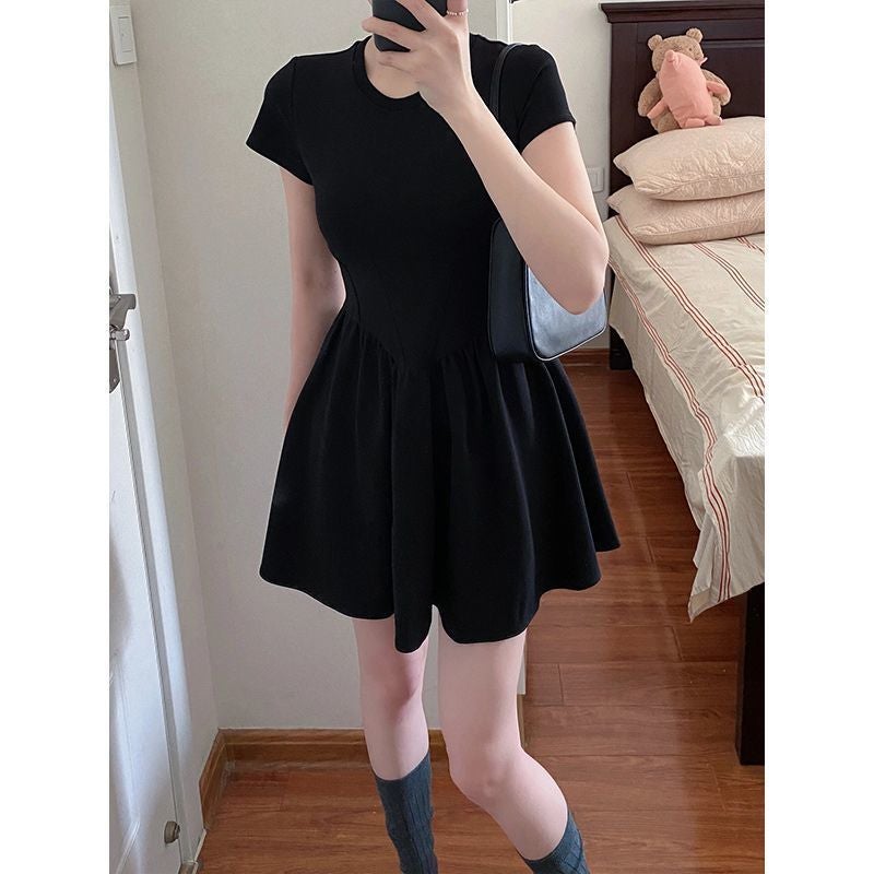 Summer Round Neck Short-Sleeved Little Black Dress Pure Lust Style Waist A-Line Dress Slim Slimming Look Short Skirt - Image 1