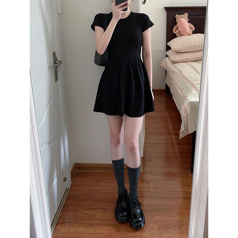 Summer Round Neck Short-Sleeved Little Black Dress Pure Lust Style Waist A-Line Dress Slim Slimming Look Short Skirt - Image 3