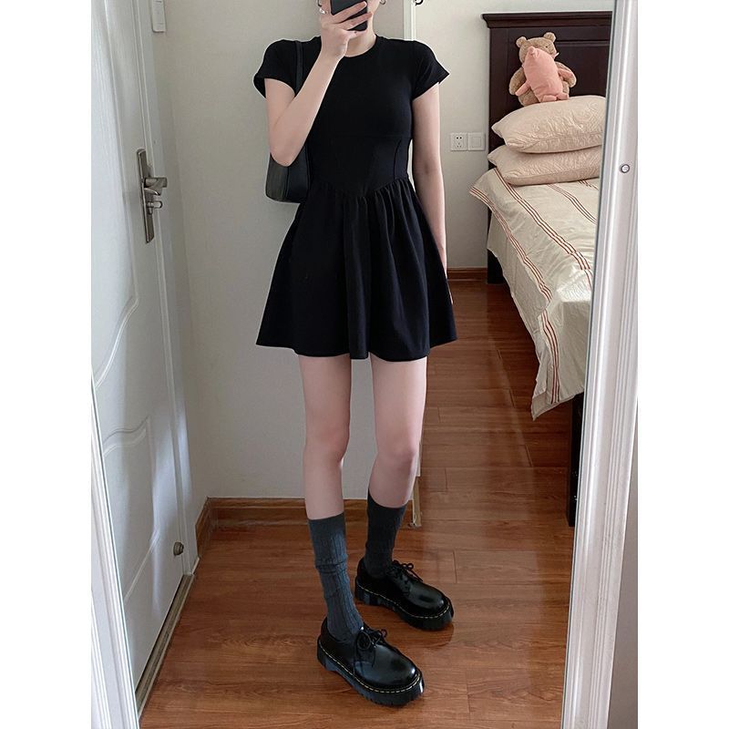 Summer Round Neck Short-Sleeved Little Black Dress Pure Lust Style Waist A-Line Dress Slim Slimming Look Short Skirt - Image 4