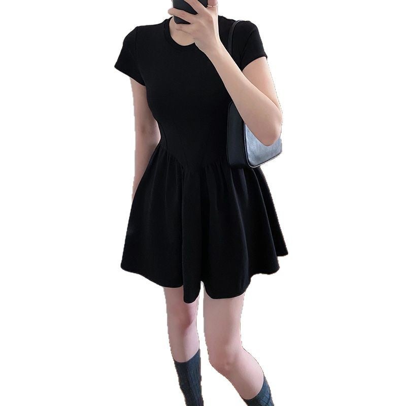 Summer Round Neck Short-Sleeved Little Black Dress Pure Lust Style Waist A-Line Dress Slim Slimming Look Short Skirt - Image 5