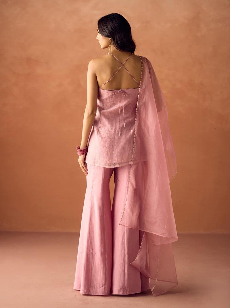 FIORRA Women Light Pink Crush Organza Hand Work Straight Kurta Set with Dupatta SET0224 - Image 2