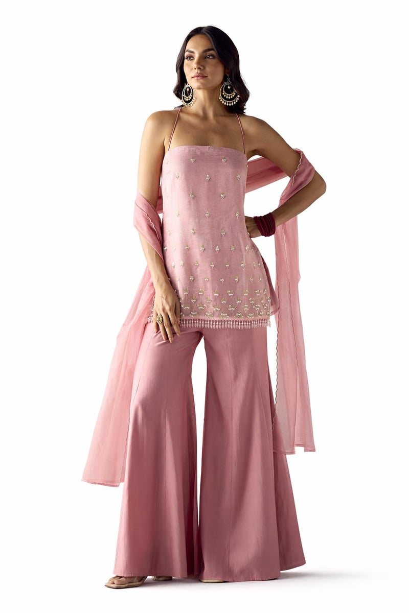 FIORRA Women Light Pink Crush Organza Hand Work Straight Kurta Set with Dupatta SET0224 - Image 1