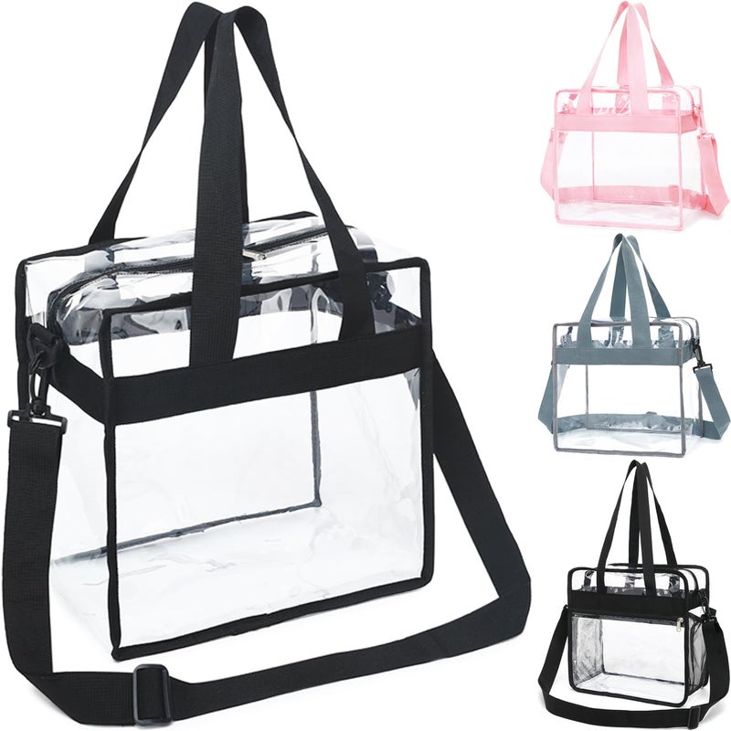 Fammart Clear Bag for Stadium Events 12x6x12 Jelly Tote Bag for Women with Zipper for Beach Sports Concerts Work Adjustable Strap Black - Image 2