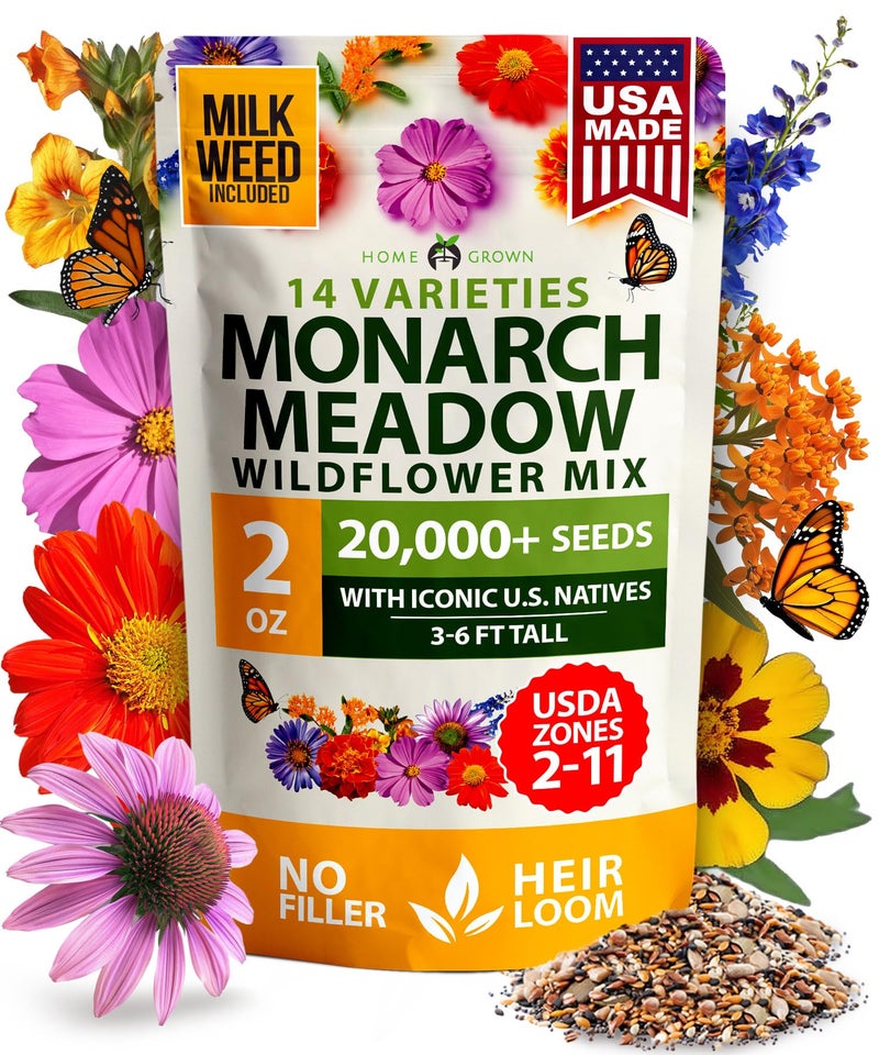 HOME GROWN Premium Monarch Butterfly Wildflower Seeds Mix (2oz) - 20000+ Non-GMO Milkweed Seeds for Monarch Butterflies - Perennial Wildflowers - Bulk Flower Seeds for Pollinator Gardens - Image 1