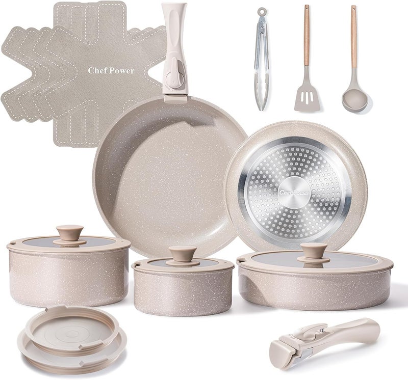 Chef Power Ceramic Nonstick Pots and Pans Set 19 Piece with Detachable Handle, Induction Dishwasher Oven Safe Cookware Set, RV Kicthen Set Removable Handle, Mocca Taupe - Image 1