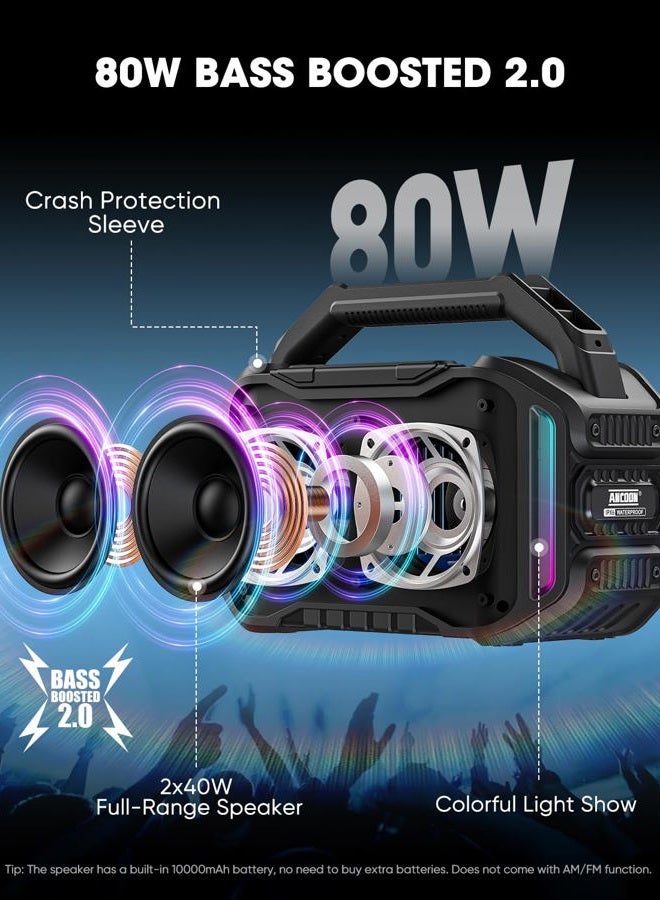 ANCOON Speakers Bluetooth Wireless: 80W(Peak) Loud Speaker with Bass, 20H Playtime, IPX6 Waterproof, Large Jobsite Speakers for Work, Outdoor, Workshop, Garage, Portable Speaker with TWS (Black) - Image 2