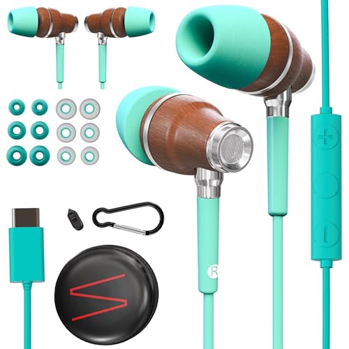 Symphonized Premium Wooden iPhone Earphones Wired (USB C) Deep Bass Sound, 3D Sound, Microphone Volume Control, 90% Noise Cancelling for Type C Devices. Earphones for iPhone 15 to 17 & Android - Image 1