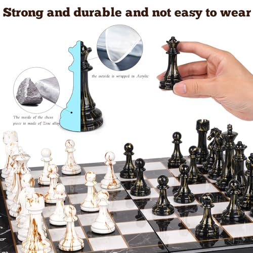 Kvintes 15" Large Chess Set for Adults with Weighted Acrylic Chess Pieces 3.5" King & Portable Folding Marbling Wooden Chess Board Travel Chess Sets Family Board Game Gift – Elegant Classic Chess Game - Image 4