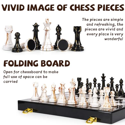 Kvintes 15" Large Chess Set for Adults with Weighted Acrylic Chess Pieces 3.5" King & Portable Folding Marbling Wooden Chess Board Travel Chess Sets Family Board Game Gift – Elegant Classic Chess Game - Image 3