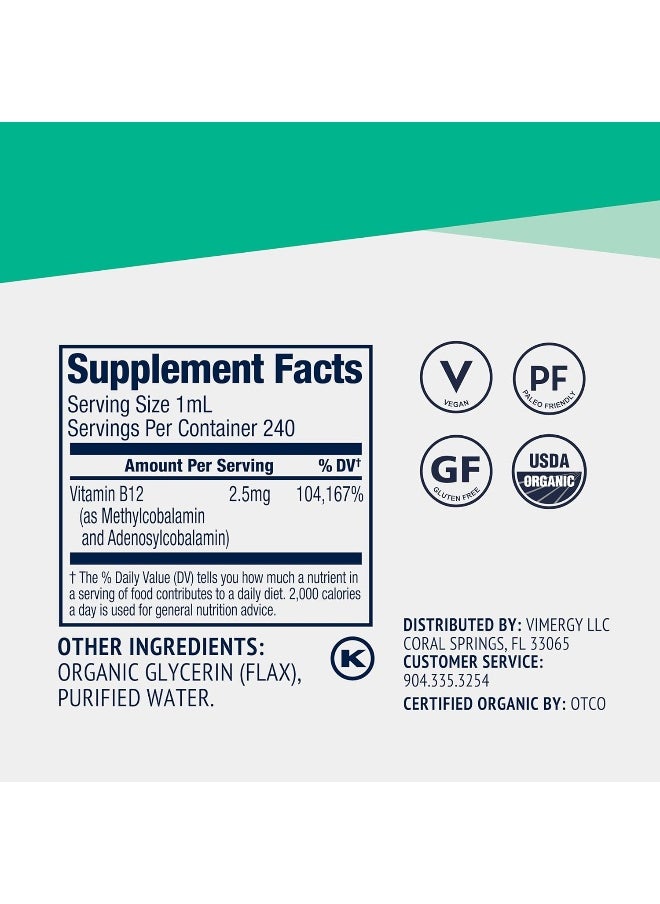Vimergy - Vimergy Liquid B12 Refill – Fast-Absorbing Brain Support – Energy Support Supplement – USDA Certified Organic, Vegan, Non-GMO – 240 Servings (240 mL) - Image 1