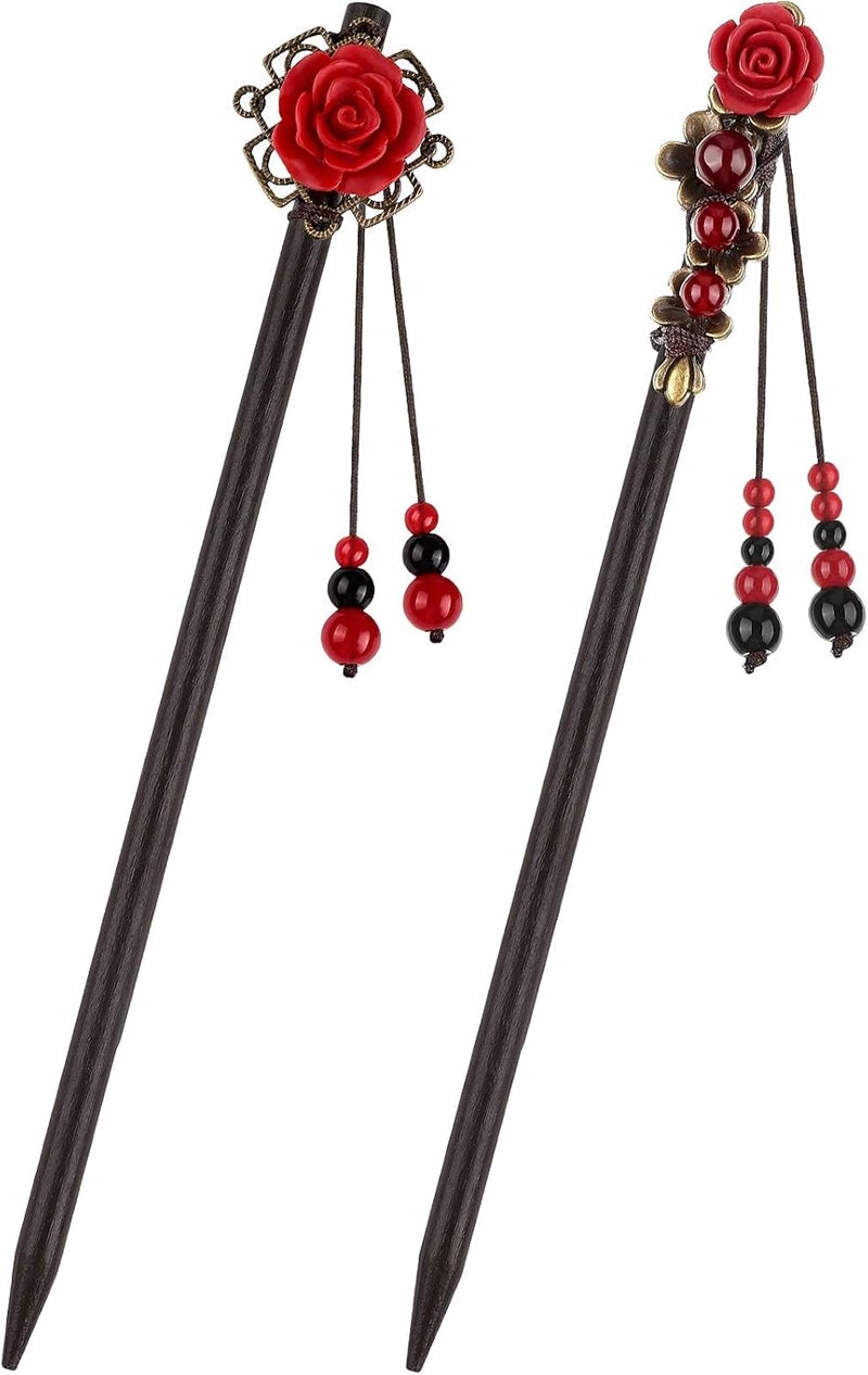 كاست ويف عود شعر مكون من قطعتين، على طراز ريترو، مصنوع من الخشب، مزين بدبوس شعر على شكل زهرة، يُستخدم كعيدان لتنسيق الشعر، مصنوع يدويًا، منتجات إكسسوارات شعر كلاسيكية للنساء والفتيات ذوات الشعر الطويل المجعد، بأسلوب كلاسيكي. - Image 1