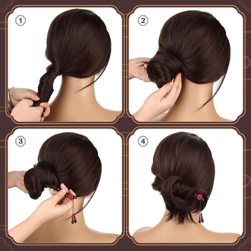 كاست ويف عود شعر مكون من قطعتين، على طراز ريترو، مصنوع من الخشب، مزين بدبوس شعر على شكل زهرة، يُستخدم كعيدان لتنسيق الشعر، مصنوع يدويًا، منتجات إكسسوارات شعر كلاسيكية للنساء والفتيات ذوات الشعر الطويل المجعد، بأسلوب كلاسيكي. - Image 2