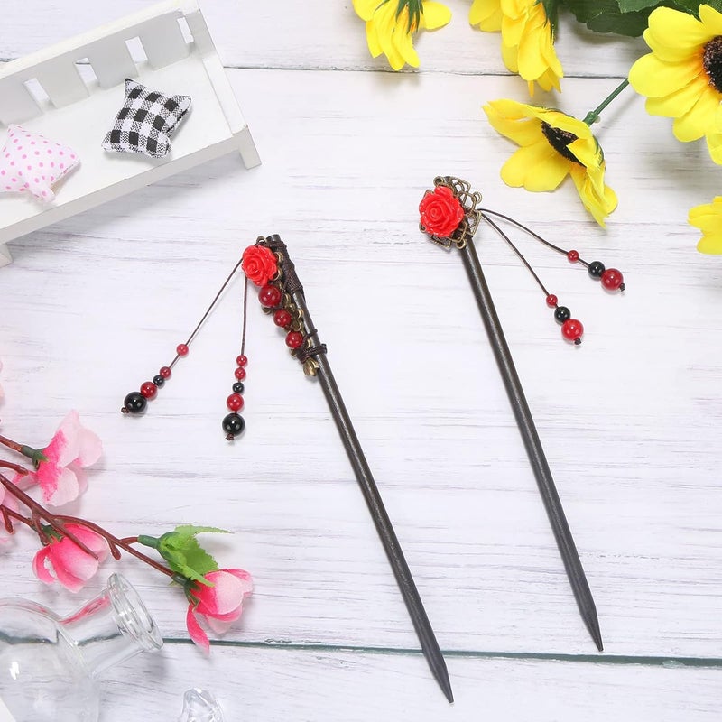 كاست ويف عود شعر مكون من قطعتين، على طراز ريترو، مصنوع من الخشب، مزين بدبوس شعر على شكل زهرة، يُستخدم كعيدان لتنسيق الشعر، مصنوع يدويًا، منتجات إكسسوارات شعر كلاسيكية للنساء والفتيات ذوات الشعر الطويل المجعد، بأسلوب كلاسيكي. - Image 3