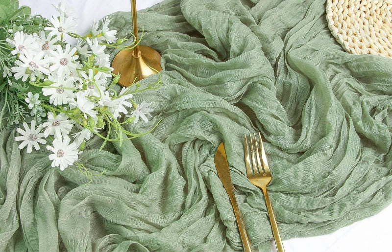 FEXIA Cheesecloth Table Runner Sage Green for Woodland Baby Shower Bridal Wedding Decoration Gauze Rustic Table Runner for Party First Communion Centerpiece Engagement 35x120 Inches - Image 3