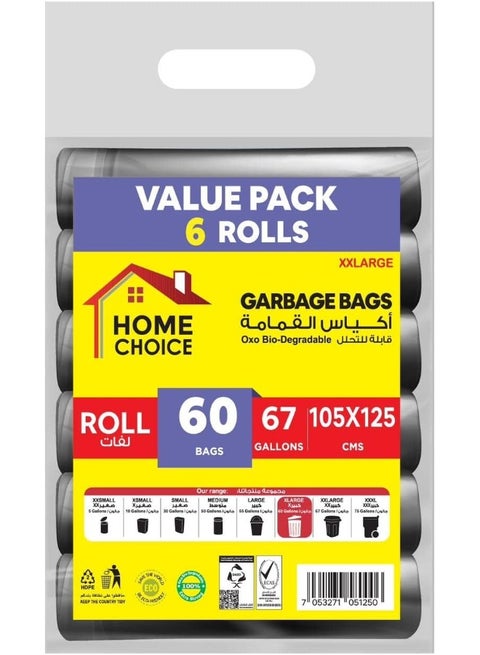 67 Gallons,Pack of 60-Pieces, Size 105x125 cm, ( 10 Trash Bags x 6 Rolls) Bio-degradable Garbage Bags Rolls, Bundle Pack, Value Pack