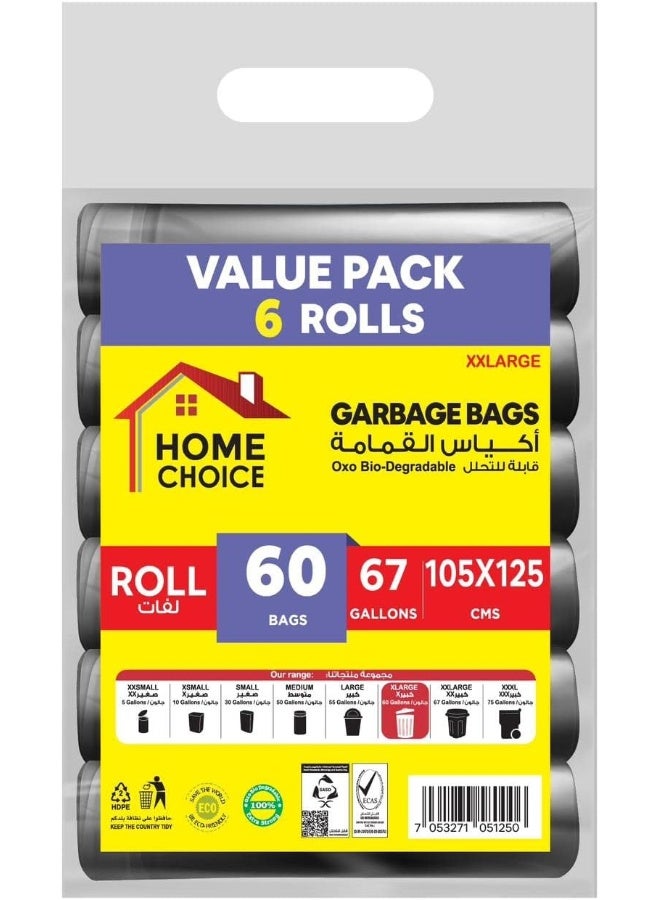HOME CHOICE 67 Gallons,Pack of 60-Pieces, Size 105x125 cm, ( 10 Trash Bags x 6 Rolls) Bio-degradable Garbage Bags Rolls, Bundle Pack, Value Pack  - Image 1