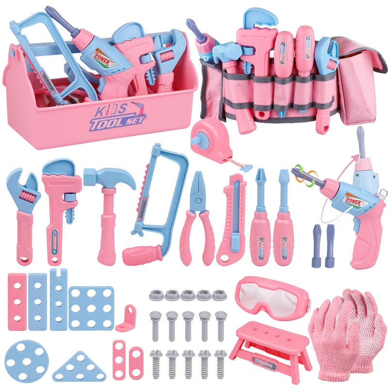 Magic4U Kids Tool Set, 48PCS Toddler Tool Set with Electronic Toy Drill & Kids Tape Measure,Pretend Play Construction Toys Costume with Kids Tool Belt & Gloves,Toy Tools Box for Girl Boy Ages 3-8 - Image 1