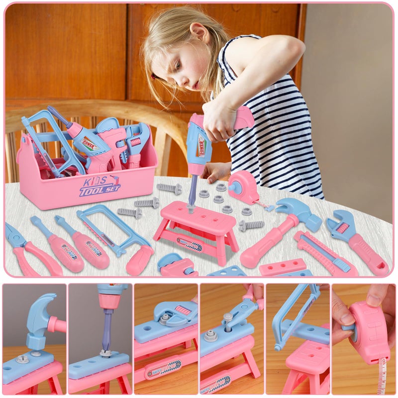 Magic4U Kids Tool Set, 48PCS Toddler Tool Set with Electronic Toy Drill & Kids Tape Measure,Pretend Play Construction Toys Costume with Kids Tool Belt & Gloves,Toy Tools Box for Girl Boy Ages 3-8 - Image 4