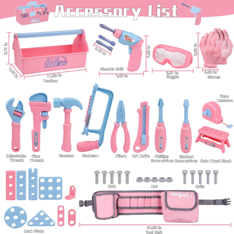 Magic4U Kids Tool Set, 48PCS Toddler Tool Set with Electronic Toy Drill & Kids Tape Measure,Pretend Play Construction Toys Costume with Kids Tool Belt & Gloves,Toy Tools Box for Girl Boy Ages 3-8 - Image 5
