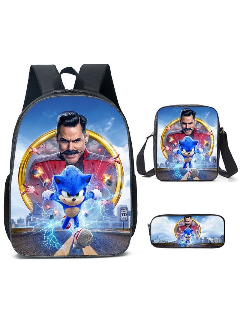 Sonic student large capacity backpack three piece set, anime cartoon backpack, shoulder bag pen bag