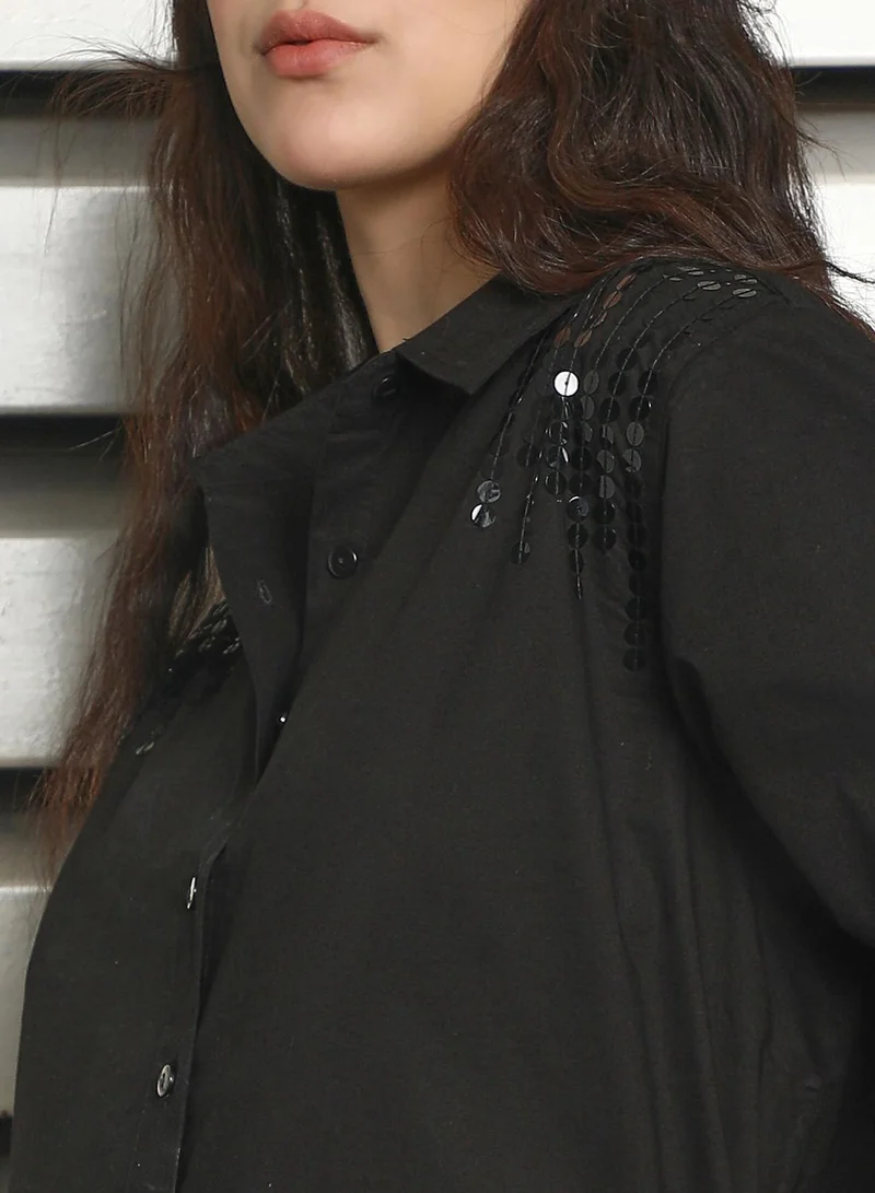 HIGH STAR Black Women's Black 100% Cotton Solid Pattern Button Down Oversized Shirt for Women | Best Price UAE