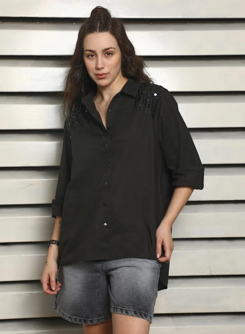 HIGH STAR Black Women's Black 100% Cotton Solid Pattern Button Down Oversized Shirt for Women | Best Price UAE