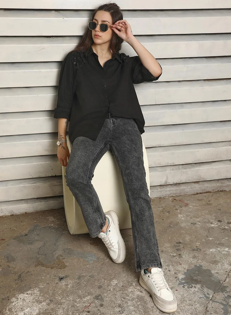 HIGH STAR Black Women's Black 100% Cotton Solid Pattern Button Down Oversized Shirt for Women | Best Price UAE