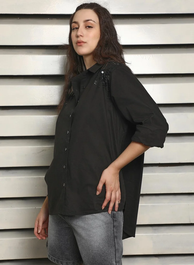 HIGH STAR Black Women's Black 100% Cotton Solid Pattern Button Down Oversized Shirt for Women | Best Price UAE