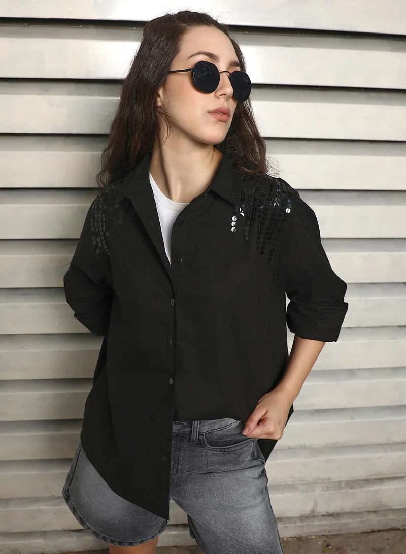 Women's Black 100% Cotton Solid Pattern Button Down Oversized Shirt