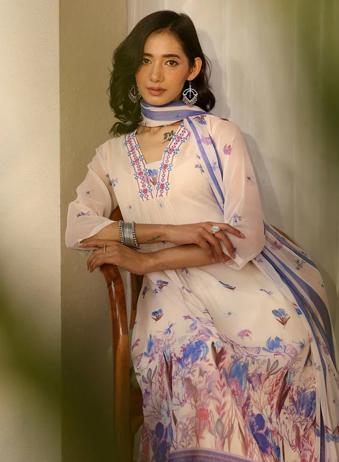 Libas Off White Printed Chiffon A-Line Kurta, Trousers and Dupatta Set