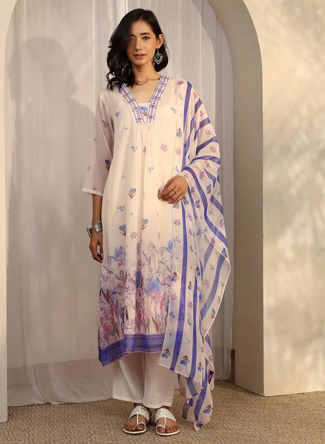 Libas Off White Printed Chiffon A-Line Kurta, Trousers and Dupatta Set