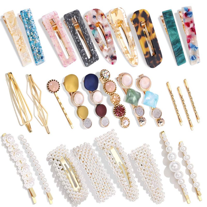 28 PCS Hingwah Pearls and Acrylic Resin Hair Clips Handmade Hair Barrettes Marble Alligator bobby pins Glitter Crystal Geometric Hairpin Elegant Gold Hair Accessories Gifts for Women Girls