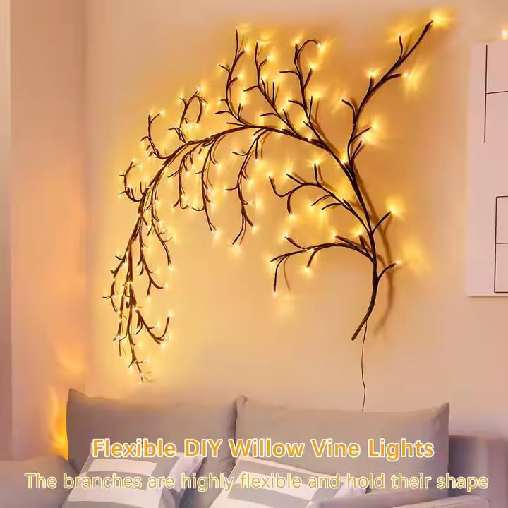 One94Store 185CM LED Willow Vine String Lights | 96 Warm White LEDs, USB Powered | Decorative Wall Light with 8 Modes & Remote for Bedroom, Living Room & Festive Decoration - Image 2