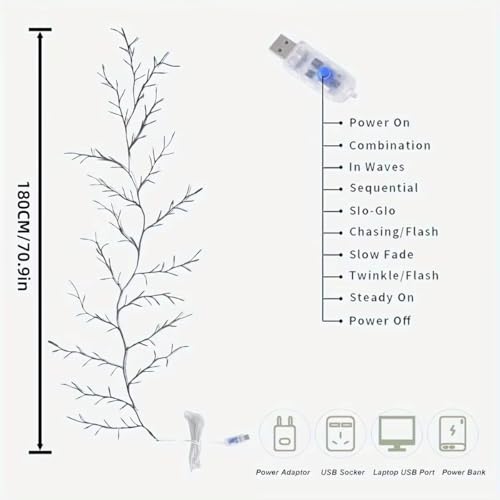 One94Store 185CM LED Willow Vine String Lights | 96 Warm White LEDs, USB Powered | Decorative Wall Light with 8 Modes & Remote for Bedroom, Living Room & Festive Decoration - Image 5