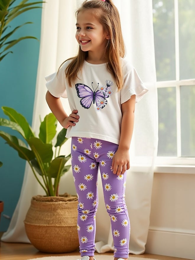 Take Two Kids 2pcs Purple Floral Printed T-Shirt and Leggings