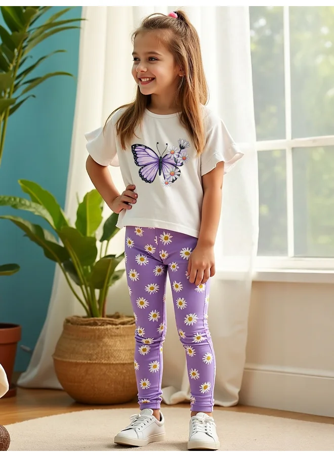 تايك تو Take Two Kids 2pcs Purple Floral Printed T-Shirt and Leggings