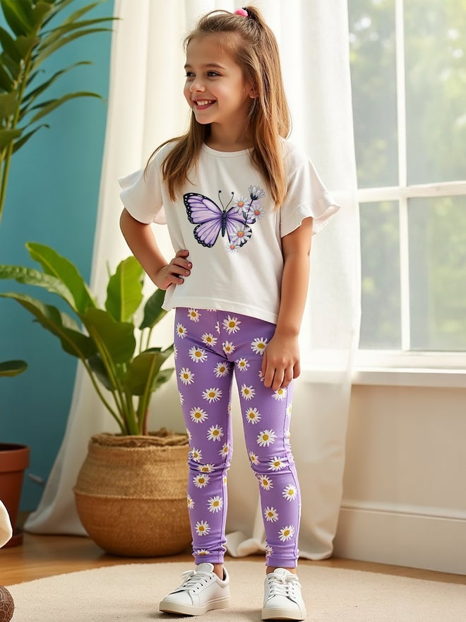 Take Two Kids 2pcs Purple Floral Printed T-Shirt and Leggings