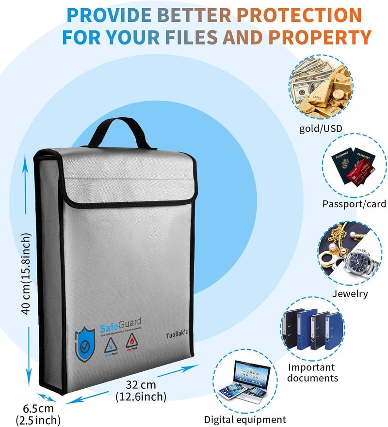 TuoBak's Fireproof Waterproof Document Bag with Zipper,Heat Insulated Upgraded Fireproof Document Bag 15.8â€x 12.6â€Ã—2.5â€ for Important Document Storage Organizer for Valuables, Legal Documents Safe - Image 3